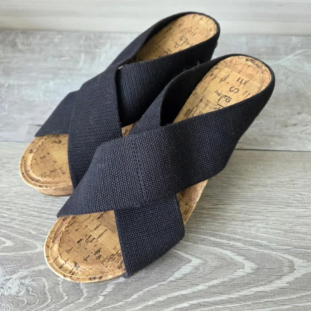 Esprit Womens 7 Black Canvas Studded Cork Wedge Platform Sandals Y2K Boho Slides